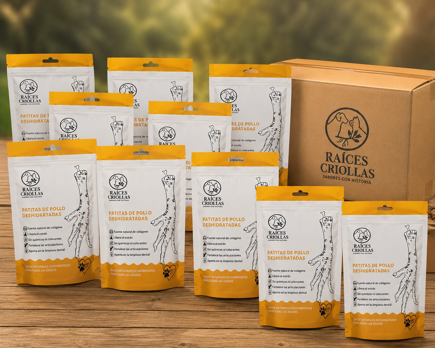 Doypacks de patitas de pollo Raíces Criollas junto a una caja de despacho