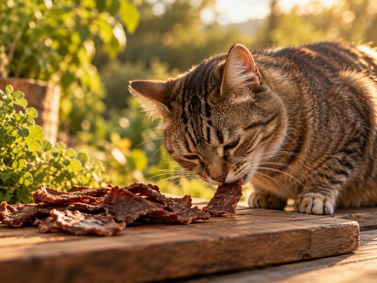 Gato comiendo un snack natural en el jardín