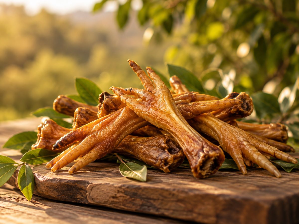 Patitas de pollo deshidratadas sobre tabla de madera